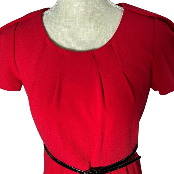Same Pencil Dress except Red. Jewel neck, Short puff sleeve. - Picture 3 of 14